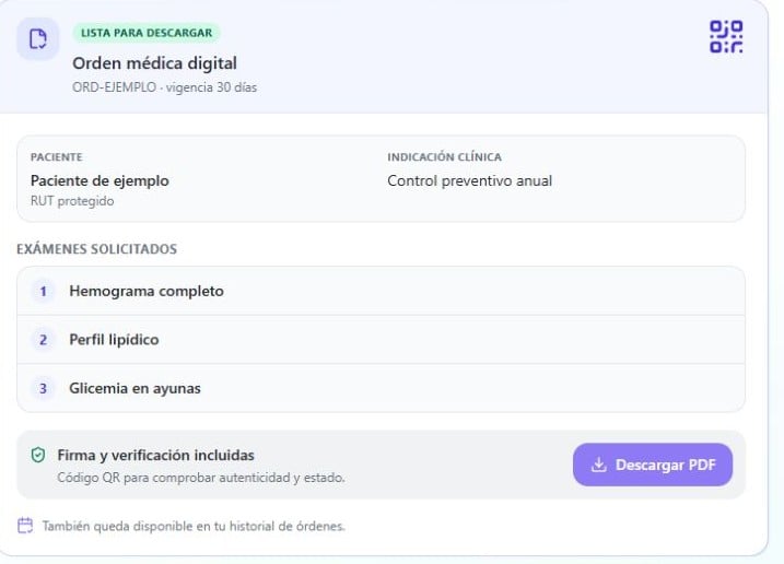 Vista de ejemplo de una orden digital Mediko con paciente, hemograma, perfil lipídico, glicemia y verificación. Datos ficticios.